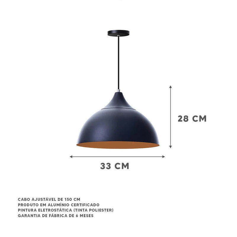 Luminária Pendente Meia Lua 30 cm com Chapéu em Alumínio