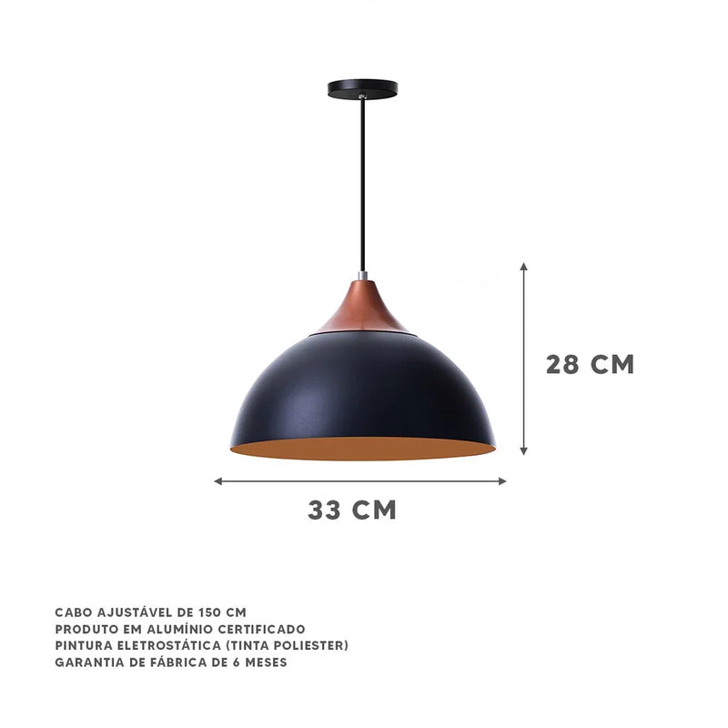 Luminária Pendente Meia Lua 30 cm com Chapéu em Alumínio