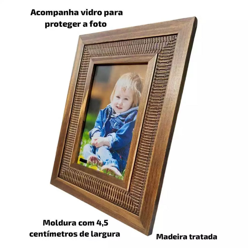 Porta-Retrato Luxo em Madeira Pinus com Vidro