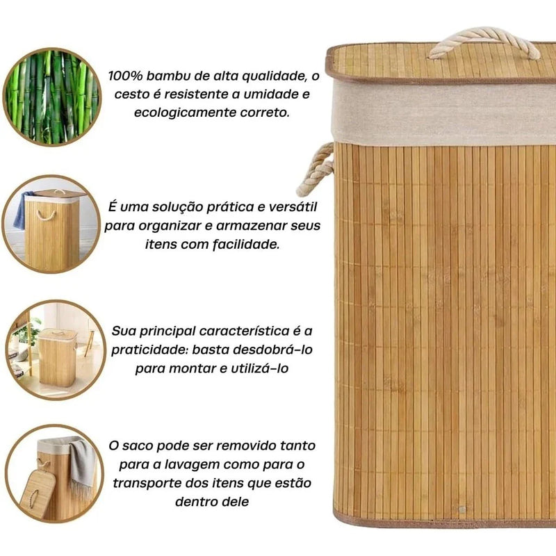 Cesto de Roupa Suja Bambu Dobrável