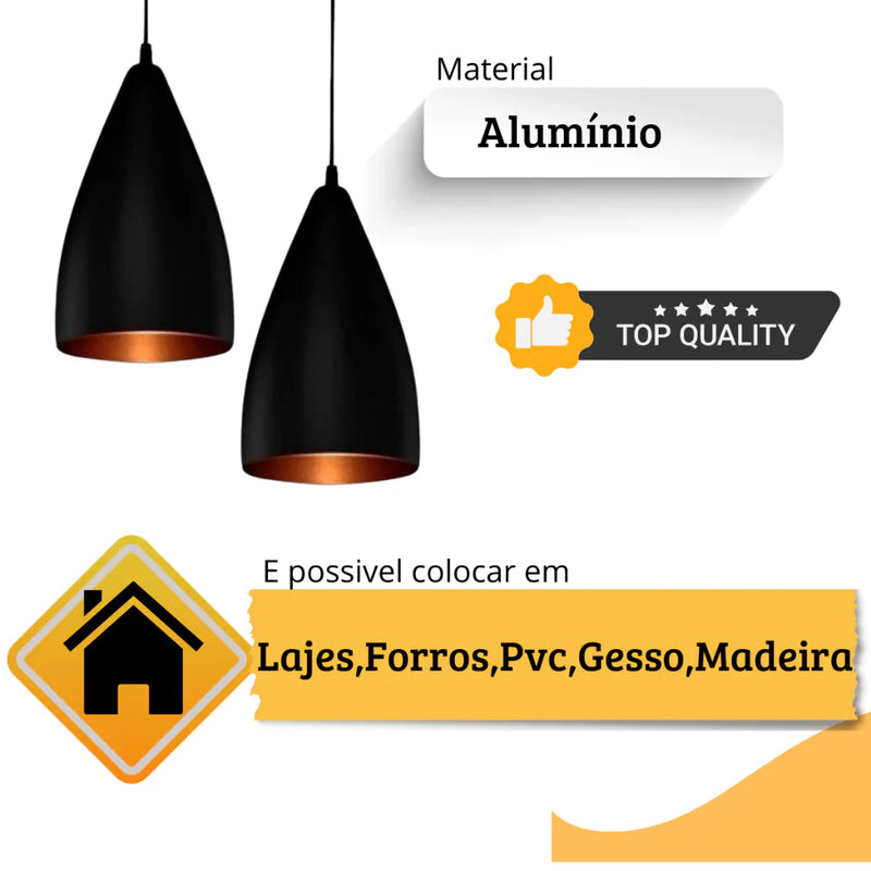 Luminária Pendente Vegas Preto com Cobre - COMPRE 1 LEVE 3
